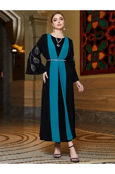 Women Color Block Rhinestone Embellished Abaya