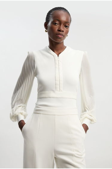 Woven Sleeved Pleated Top With Pu