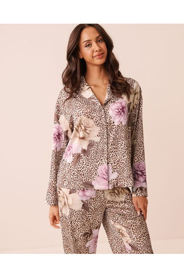 Floral Leopard Print Satin Long Sleeve Button-down Shirt