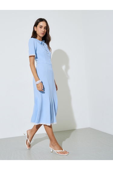 Blue Solid A-Line Midi Dress
