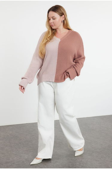 Dusty Rose Color Block V-Neck Knitwear Sweater