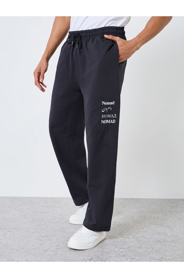 Men Black Slogan Print Relaxed Joggers