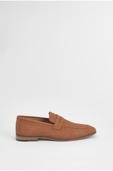 Tan Perforated Leather Penny Loafers