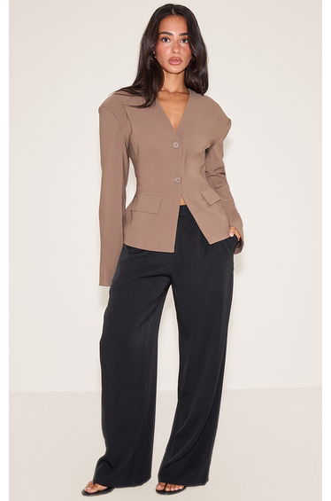 Petite Taupe Cinched Waist Drop Shoulder Blazer