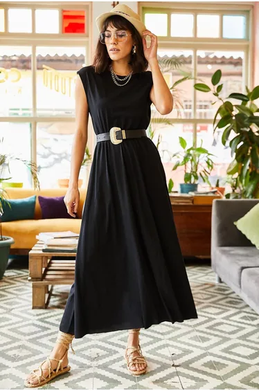 Women's Black Combed Combed Bat Dress with Elastic Waist