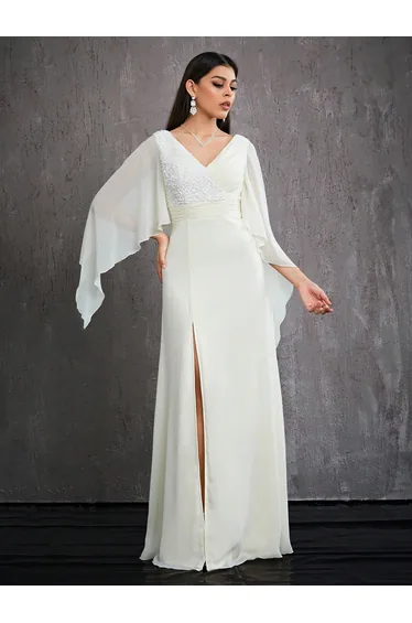 Leely Elegant V Neck Flounce Sleeve Chiffon Party Dress