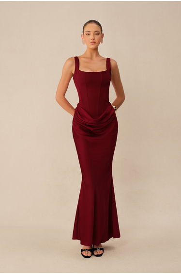 Private Invitation Red Square Neck Corset Maxi Dress
