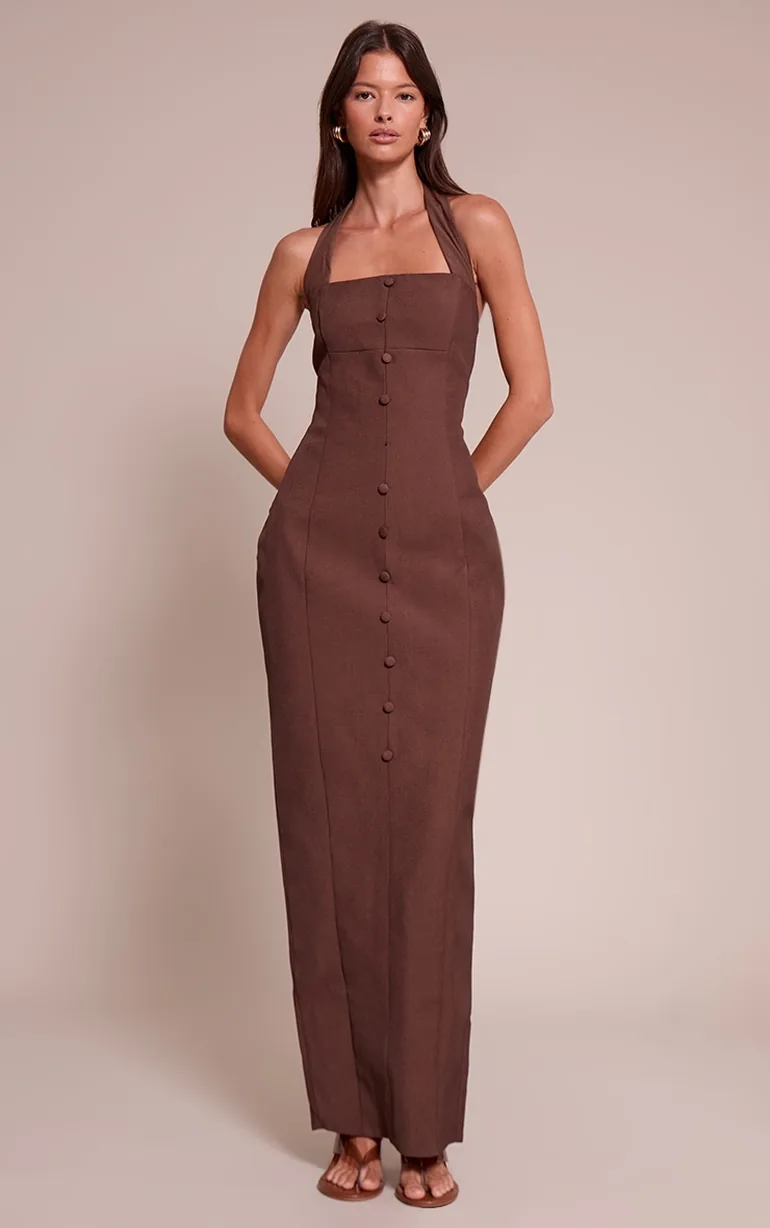 Chocolate Woven Halter Button Maxi Dress Prettylittlething Brown : Evening  Dresses : VogaCloset Saudi Arabia