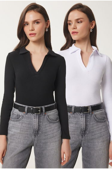 Women's Black and White 2-Piece Polo Neck Ribbed Knitted Blouse