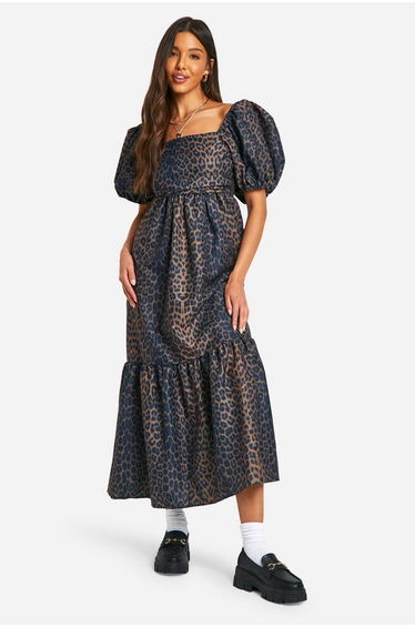 Leopard Volume Puff Sleeve Midaxi Dress - brown