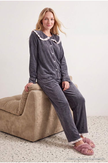 Anthracite Ruffle Trim and Collar Detailed Velvet Knitted Pajama Set