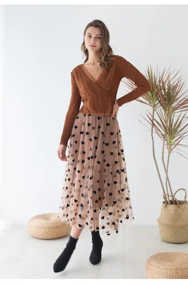 3D Heart Double-Layered Mesh Maxi Skirt in Caramel