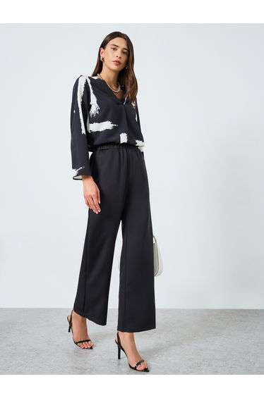 Solid Elastic Waist Straight Leg Pants
