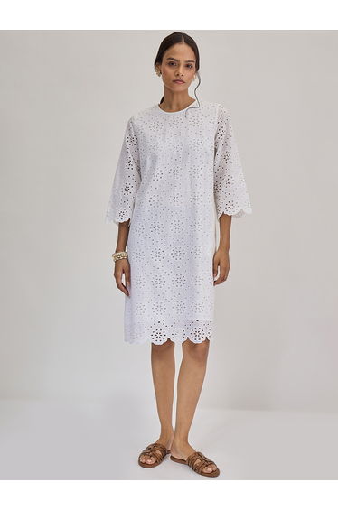 White Cotton Schiffli Knee Length Dress