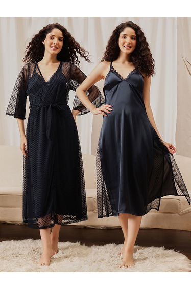 Pack of 2 - Lace Trim Satin Robe and Slip Dress