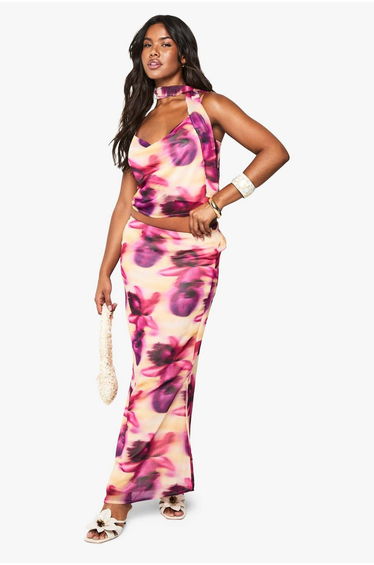 Blurred Floral Print Cowl Neck Woven Cami Top - purple