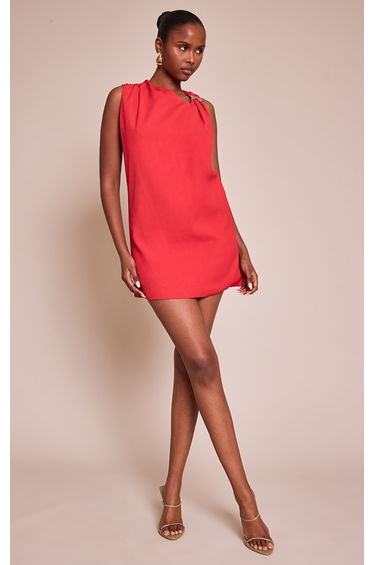 Red Woven Asymmetric Trim Detail Mini Dress