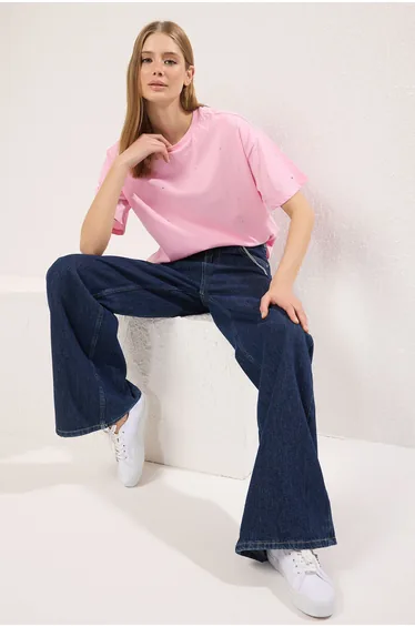 Pink Cotton Stone Detail Relaxed/Wide Comfortable Cut Crew Neck Knitted T-Shirt
