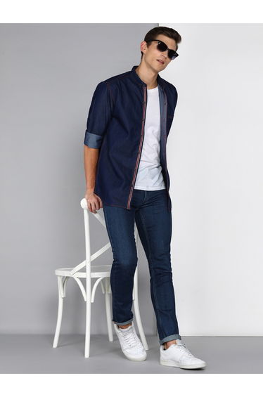 Men Slim Fit Taping Denim Shirt