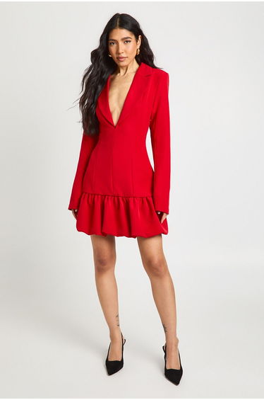Tall Plunge Front Drop Hem Blazer Dress - red