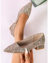 Embellished Pointed Toe Block Heels Pumps - 1