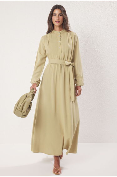 Khaki Elastic Waist Linen Woven Dress