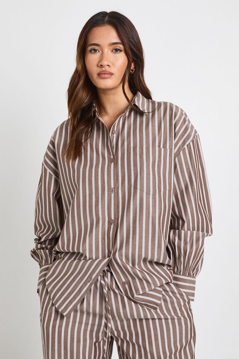 Stripe Oversized Shirt - chocolate Boohoo Multicolour : Blouses