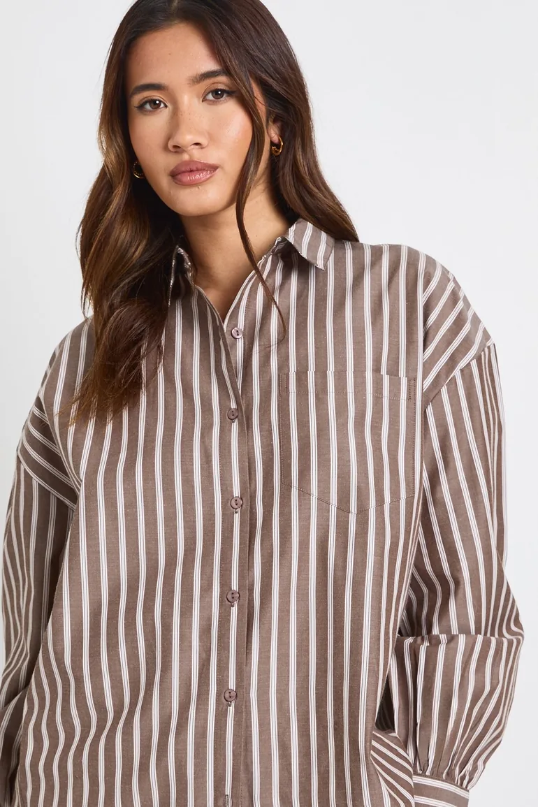 Stripe Oversized Shirt - chocolate Boohoo Multicolour : Blouses