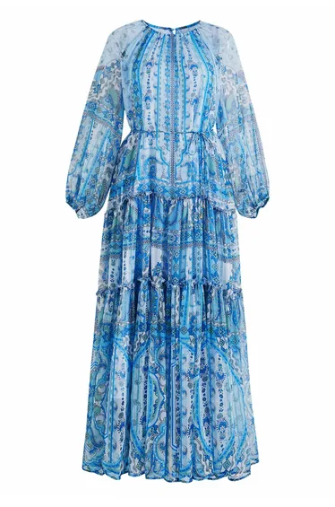 Ornate Paisley Floral Tiered Chiffon Maxi Dress in Blue for Festival Outings & Coastal Walks