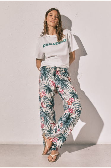 Green print long trousers