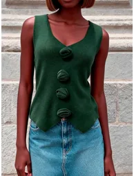 Green Knit Sleeveless Top with Floral Detail