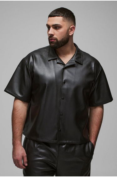 Plus Pleated PU Boxy Oversized Shirt