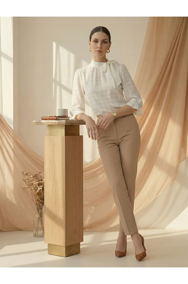 White Grid Pattern Tie-Up Neck Top