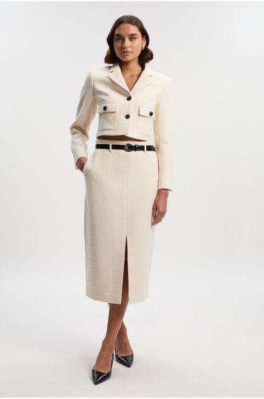 Textured Tweed Belted Tailored Pencil Skirt