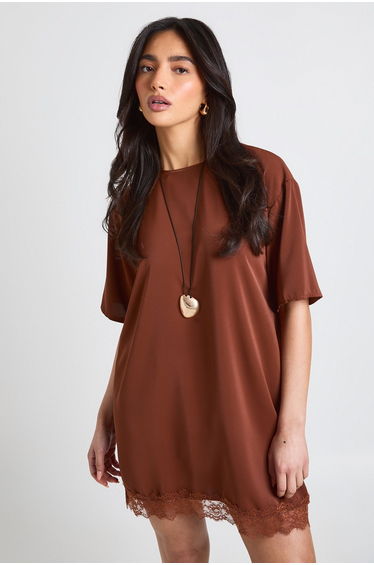 Lace Hem Oversized Woven T-Shirt Dress - chocolate