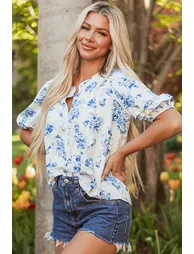 Lvness Sky Blue Floral Tiered Puff Short Sleeve Pleated Bust Buttoned Casual Shirt - 1