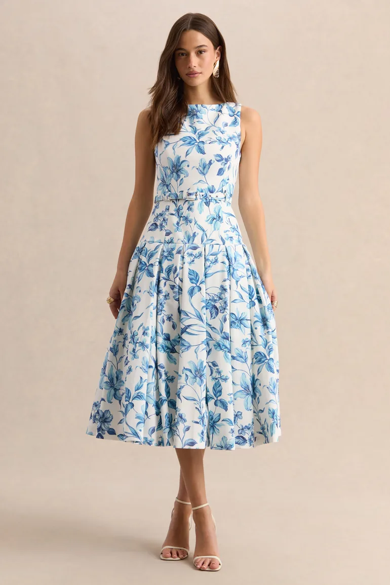 Sunnira | Blue Porcelain Print Boat-Neck Midi Dress With Drop-Waist