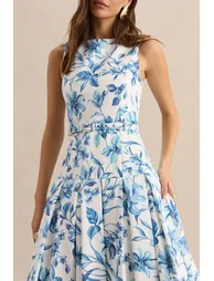 Sunnira | Blue Porcelain Print Boat-Neck Midi Dress With Drop-Waist - 5