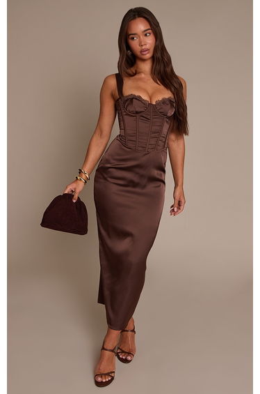 Chocolate Satin Lace Cup Detail Midi Dress