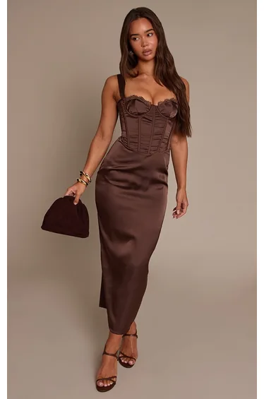 Chocolate Satin Lace Cup Detail Midi Dress