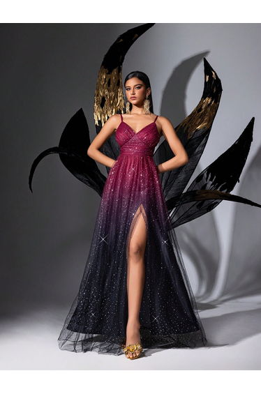 QOQ Goddess Ombre Sequins Formal Slit Sling Long Dresses