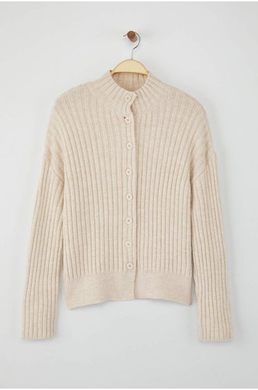 Stone Stand Collar Wide Pattern Ribbed Soft Texture Knitwear Cardigan