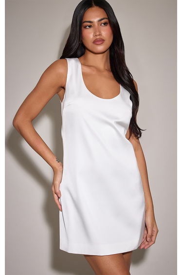 White Satin Scoop Neck Mini Shift Dress