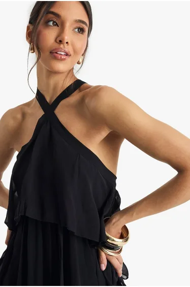 Chiffon Tiered Halterneck Maxi Dress - black