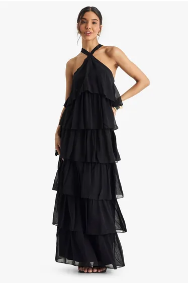 Chiffon Tiered Halterneck Maxi Dress - black