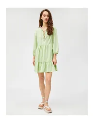 Green A-Line Mini Smock Dress with Long Sleeves - 5