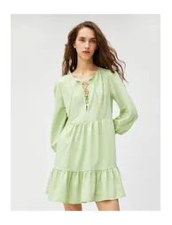 Green A-Line Mini Smock Dress with Long Sleeves - 1