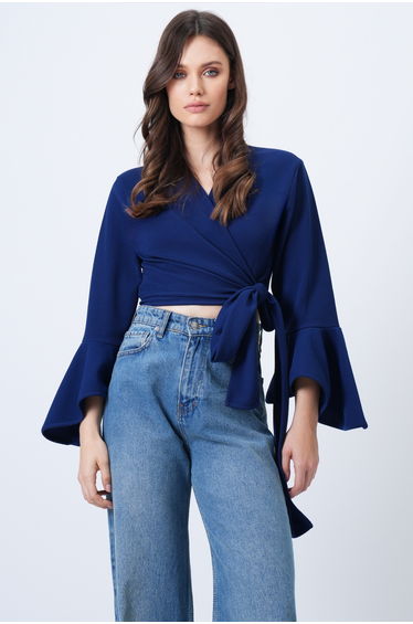 Women's Navy Blue Double-Breasted Tie Detail Flared Sleeve Crop Blouse