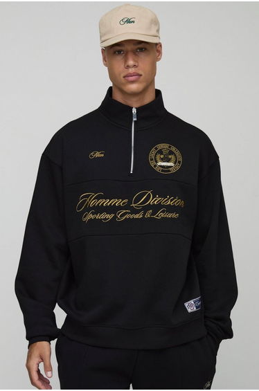 Tall Oversized Boxy Homme Quarter Zip Funnel Neck Sweatshirt - black