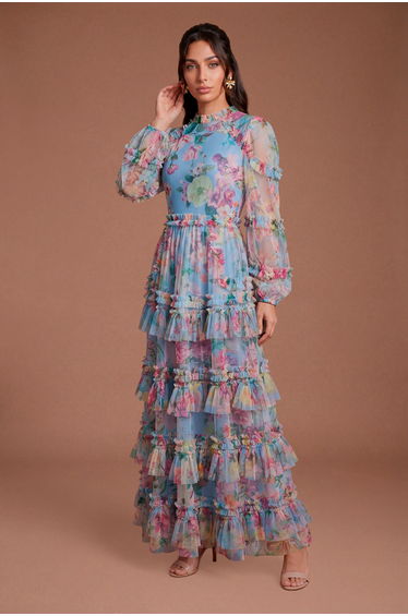 Printed Tiered Ruffle Mesh Maxi Dress